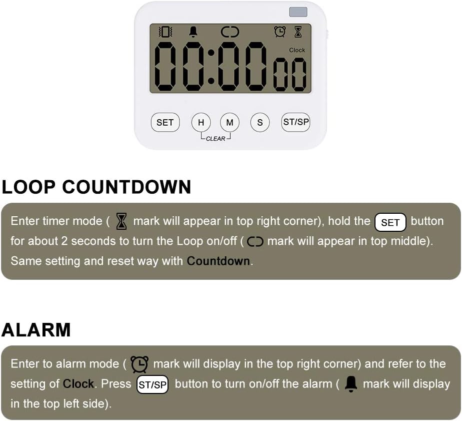 White Multi-Function Digital Timer Clock with Alarm, 2 Pack