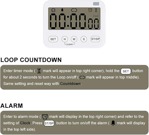 Stonylab 2pk Digital Timer Clock, 2 Pack Premium Multi-Function Digital Clock Countdown Timer Kitchen Event Timer with Alarm, Magnetic Back Big Digits Display Vibration/Flashlight/Sound Alarm