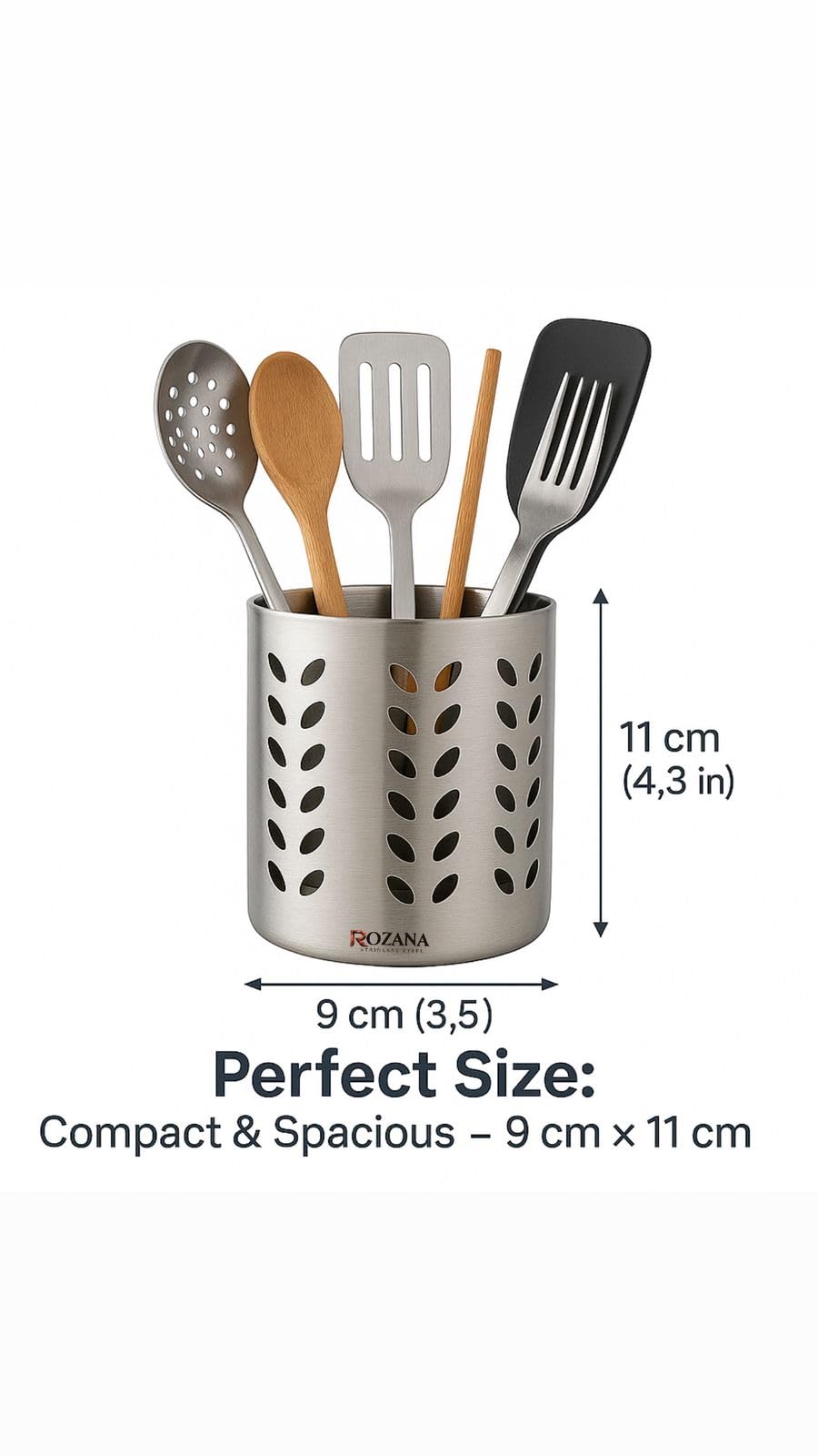 Premium Stainless Steel Cutlery Stand | Rust-Free Kitchen Utensil Holder with Air Ventilation | Dishwasher Safe Spoon, Fork & Knife Stand | Silver (9 x 11 cm) — Amazon image 6