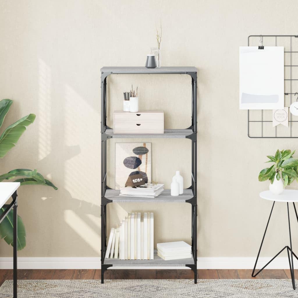 Homgoday Regał na książki, 4 półki, stojący, biurowy, magazynowy, do przechowywania, regulowane nogi, do salonu, gabinetu, biura, szary, Sonoma, 59 x 35 x 132 cm, materiał drewnopochodny