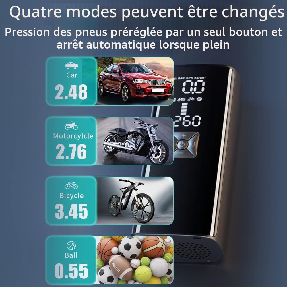 Gonfleur Pneus Voiture 8000mAh Pompe a Velo Electrique 30cm Tube Gonflable pour Voiture Moto Vélo Basketball Football Mini Compresseur à Air Portatif 5 Modes 150psi, 4 Gonflage Aiguille