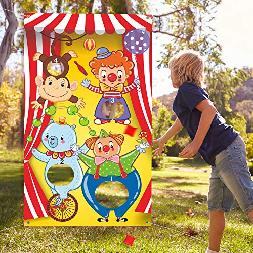 Blulu Carnival Toss Games Banner with 3 Bean Bags Carnival Game for Kids and Adults Circus Theme Party Decorations for Birthday Family Fun Throwing Indoor Outdoor(Circus Animal)