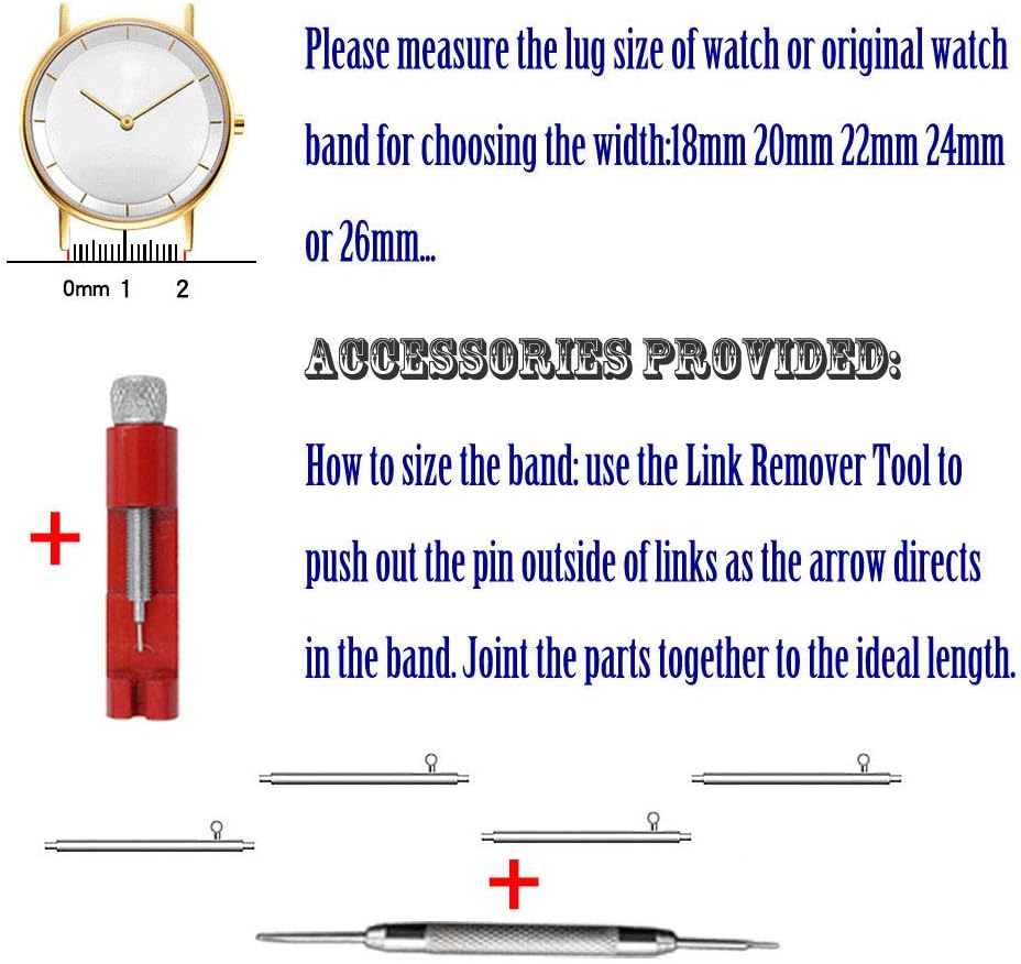 Juntan Stainless Steel Curved Ends Tapered 18mm 20mm 22mm 23mm 24mm Metal Watch Band Flexible Watch Strap Replacement Bracelet Deployment Double Flip Lock Buckle Silver Black - Image 8