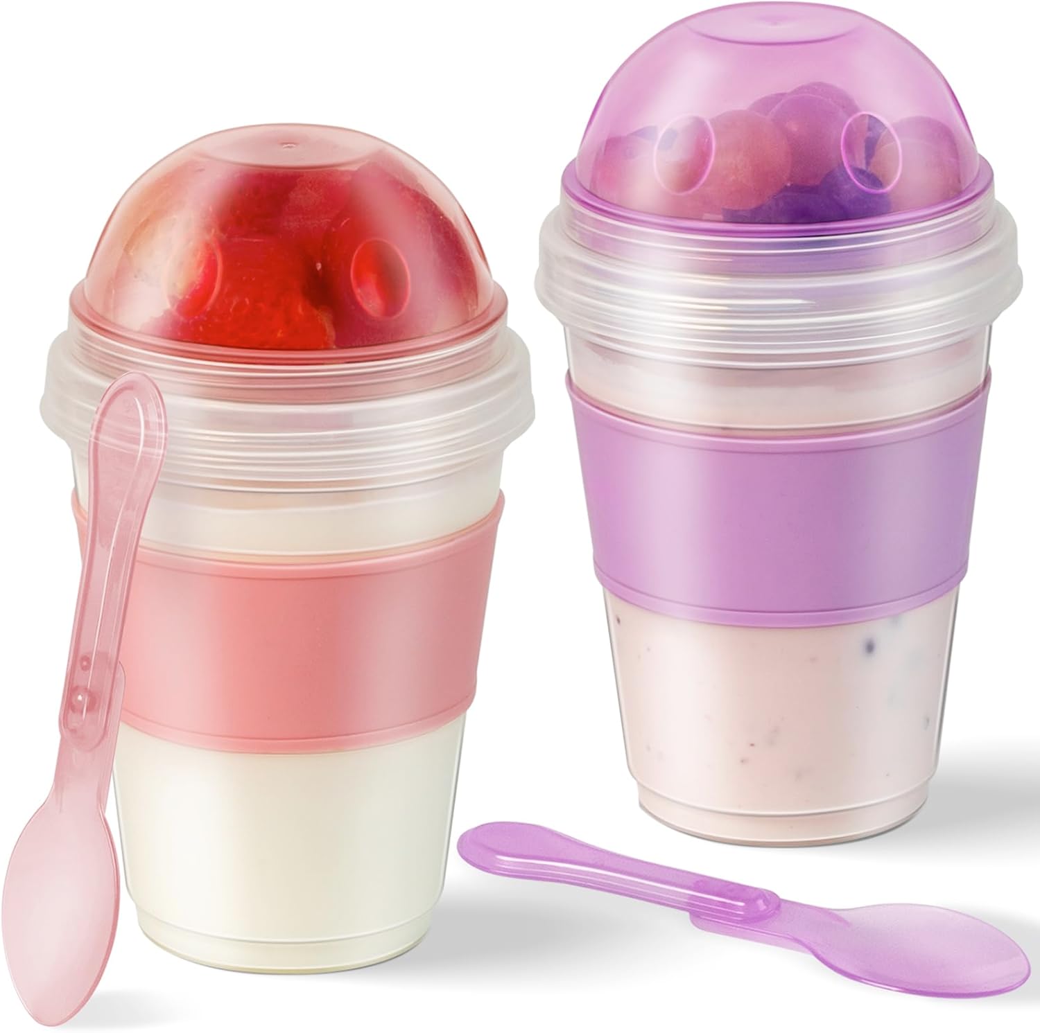 Product image of Freshmage Yogurt Parfait Cups with Lids, 2 Pack 20 oz Reusable Overnight Oats Containers with Lids, Topping Compartment & Spoon to Go for Breakfast Meal Prep, Portable & Lightweight (Purple&Pink)