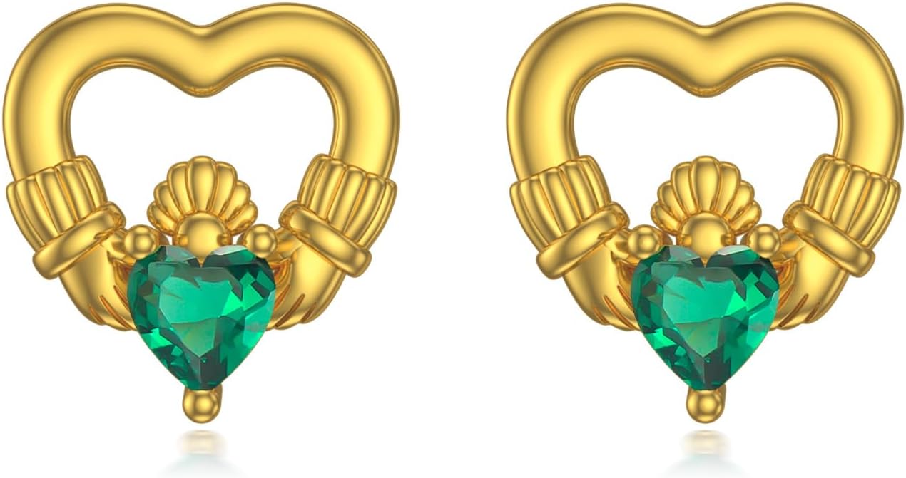 14K Solid Gold Emerald Stud Earrings with Push Backs Real Gold Claddagh Clover Earrings Elegant Irish Jewelry Gift for Women
