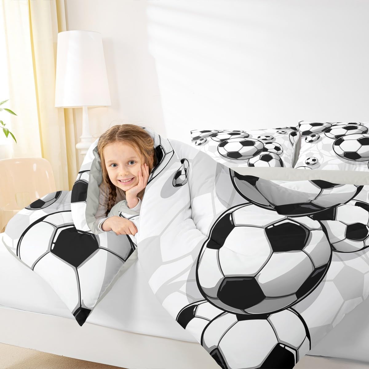 Erosebridal Boys Soccer Bedding Sets Football Down Comforter Sports Gaming Comforter Set for Kids Girls Soccer Hand Draw Quilt Set with 1 Comforter and 2 Pillow Cases Full Size Black White image 3