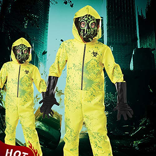 Zombie Kids Bio Hazard Costume Includes: Jumpsuit With Hood, Glove, Mask For Halloween Party Cosplay (Xl(150-160Cm)) Yellow #TOP3