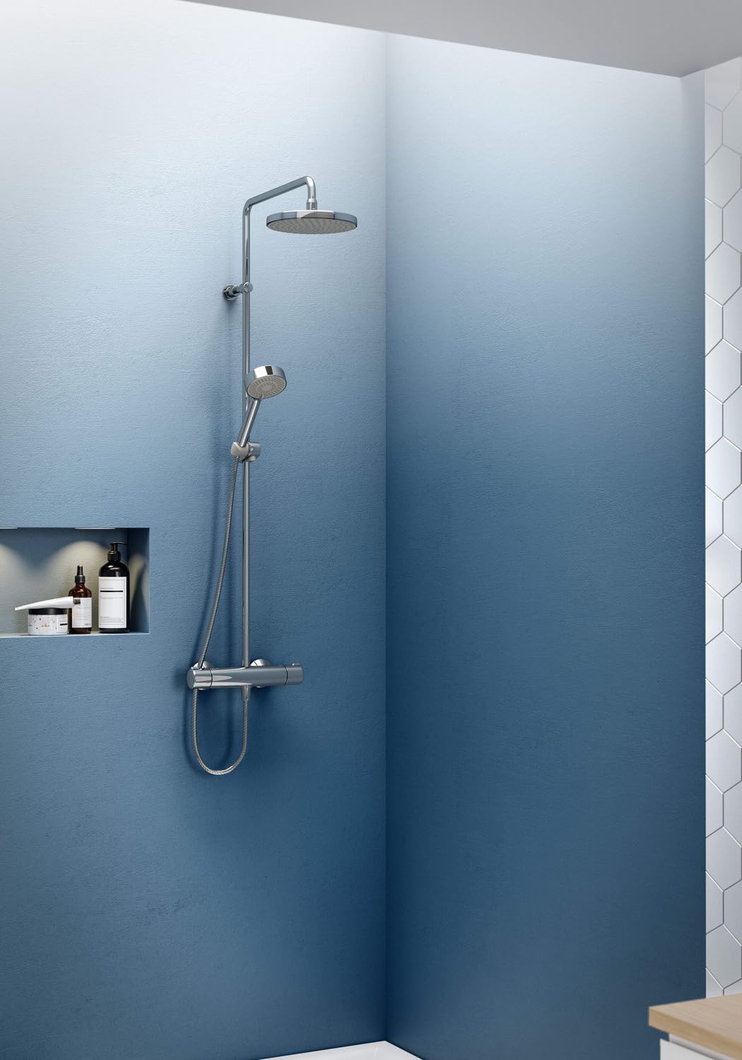 HANSA MICRA Duschsystem | Duscharmatur Komplettset aus Thermostat, schwenkbarer Regendusche, Duschkopf mit Schlauch und wasserführender Duschstange | Kopfbrause & Handbrause mit 3 Strahlarten | Chrom
