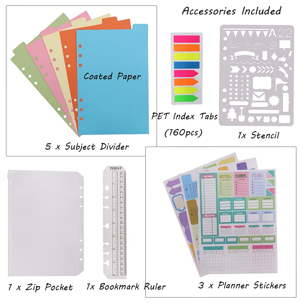 HXRTANGS A5 Refillable Notebook, Ring Binder Journal Personal Organizer with Lined Paper + Planner Stickers + Subject Dividers + Index Tabs + Bookmark Ruler + Zip Bag + Stencil, Dark Grey      Unknown Binding – Organizer