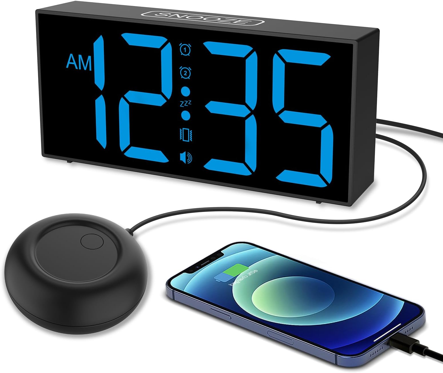 Netzu Vibrating Alarm Clock for Heavy Sleepers, Loud Alarm Clock with Bed Shaker, Large LED Display, Dual Alarm, 5 Dimmer, 4 Volumes, USB Charger, Clock Bedside for Hearing Impaired