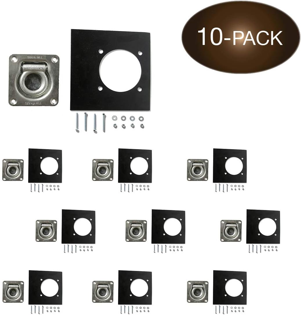 Flash Sale Ten Recessed D-Ring Pan Fittings | Small Square Tie-Down D-Ring Trailer Cargo Tie-Down Anchors + Mounting Lock Plates + Installation Tie-Down Hardware Parts, Bolts, Nuts, Washers
