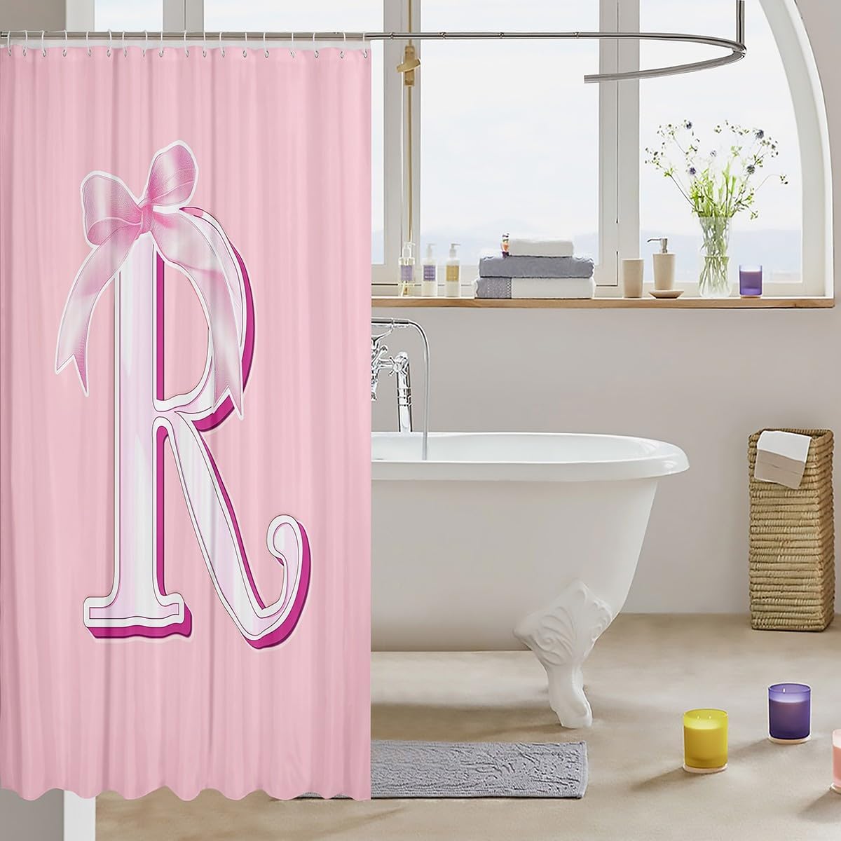 jejeloiu Pink Bow Bath Curtain,72"x78",Decor Teen Girl Gifts Monogrammed Shower Curtain,Waterproof Personalized Initial R Bathroom Shower Curtain Set Dreamy Bow,Kids Bathroom Accessories