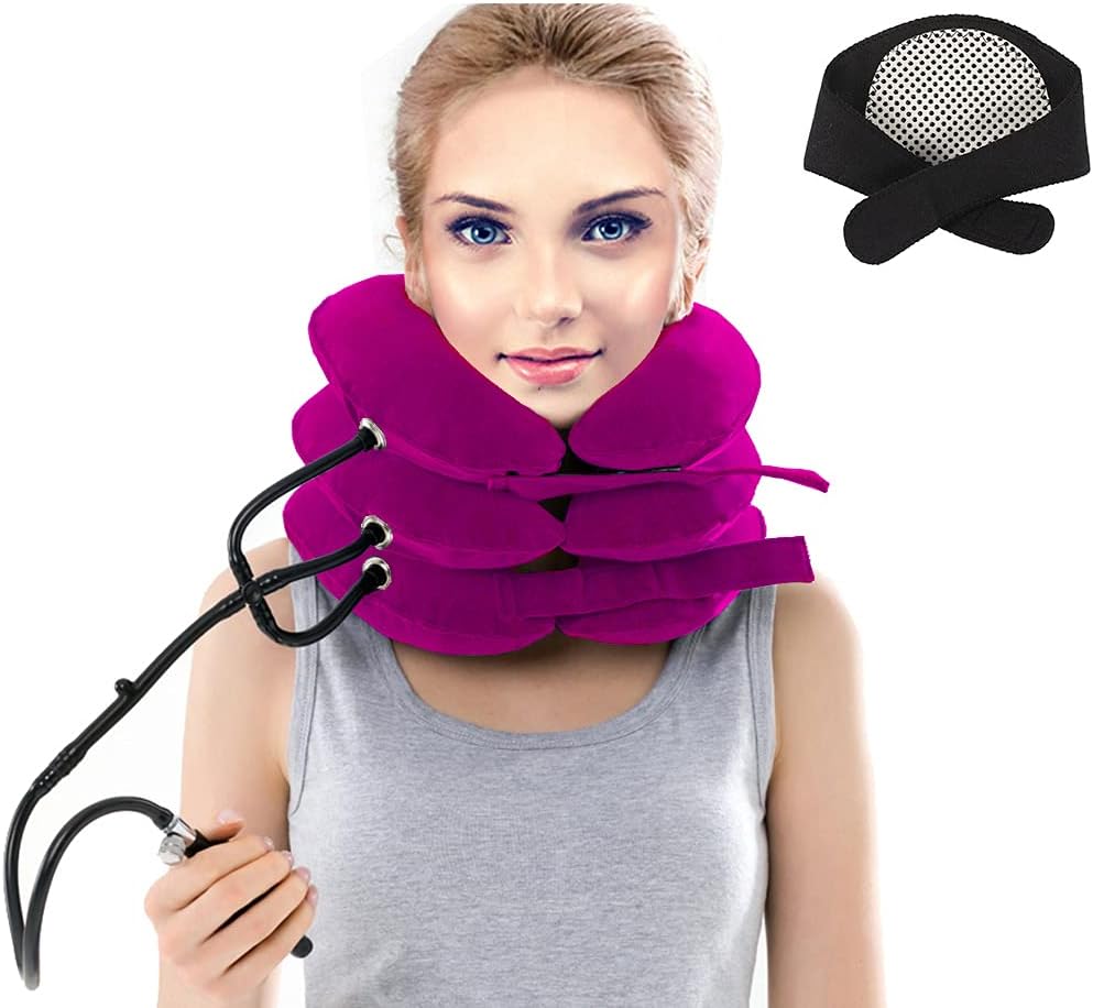 Cervical Neck Traction Device, 3 Layers Inflatable Adjustable Brace Stretcher Posture Corrector, Air Pump Support, for Pain Relief, Spine Alignment (Steel Ball Stopper)+Neck Brace, Rose Red