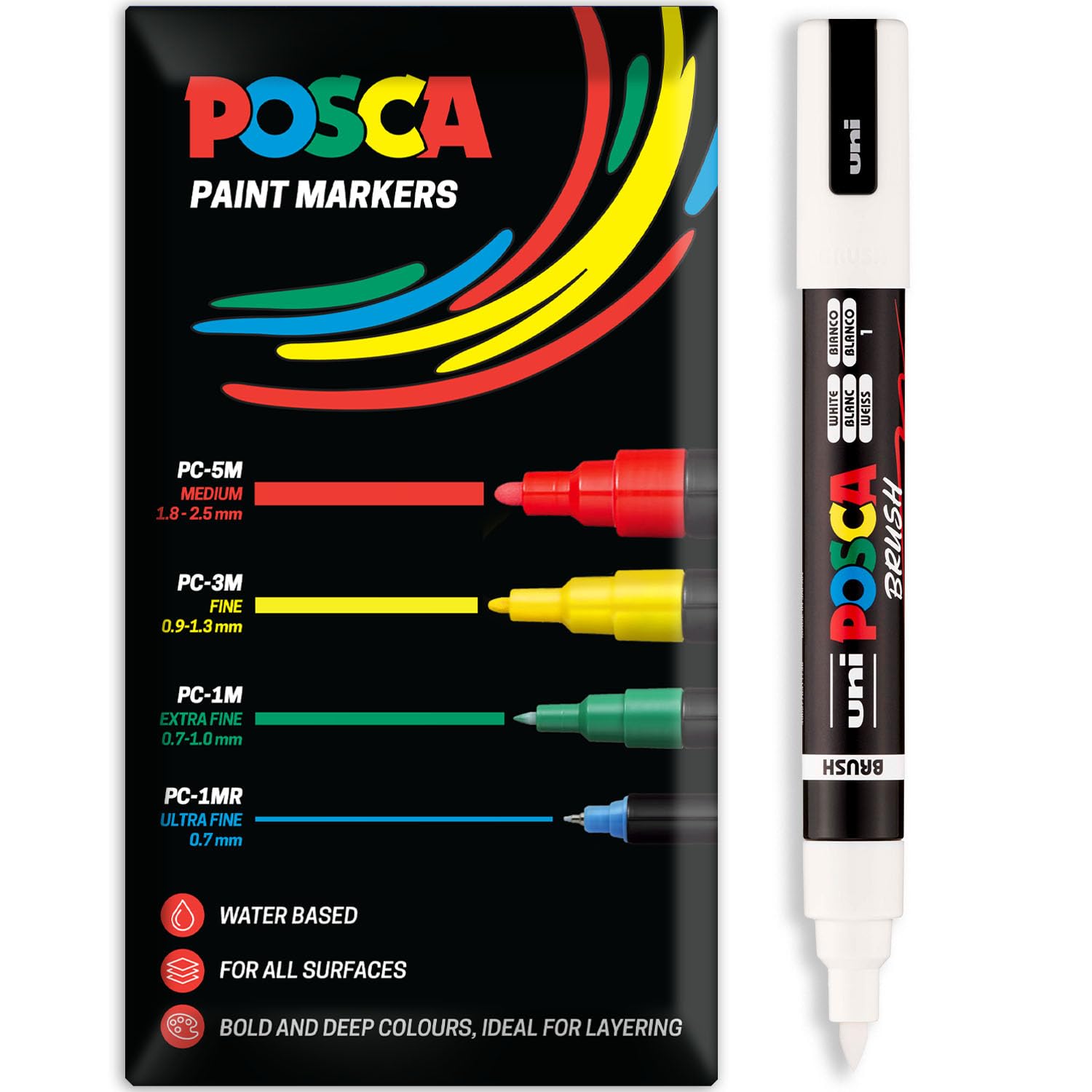 Posca Water Based Acrylic Paint Marker Pens | Multi Surface Use Permanent Paint Pen | Pack of 1 in Envelope Gift Packaging | Glass, Fabric, Wood etc | Brush Nib PC-5BR, White
