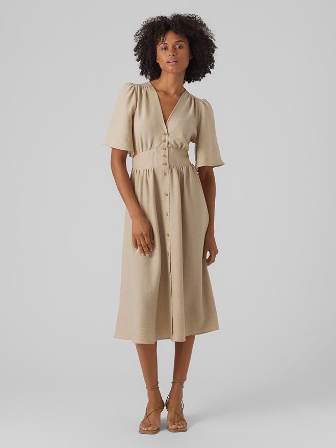 Vero Moda Abito Midi Nero VMMelaney - Scollo A V, Maniche A Sbuffo E Vita Elasticizzata - Eleganza Quotidiana