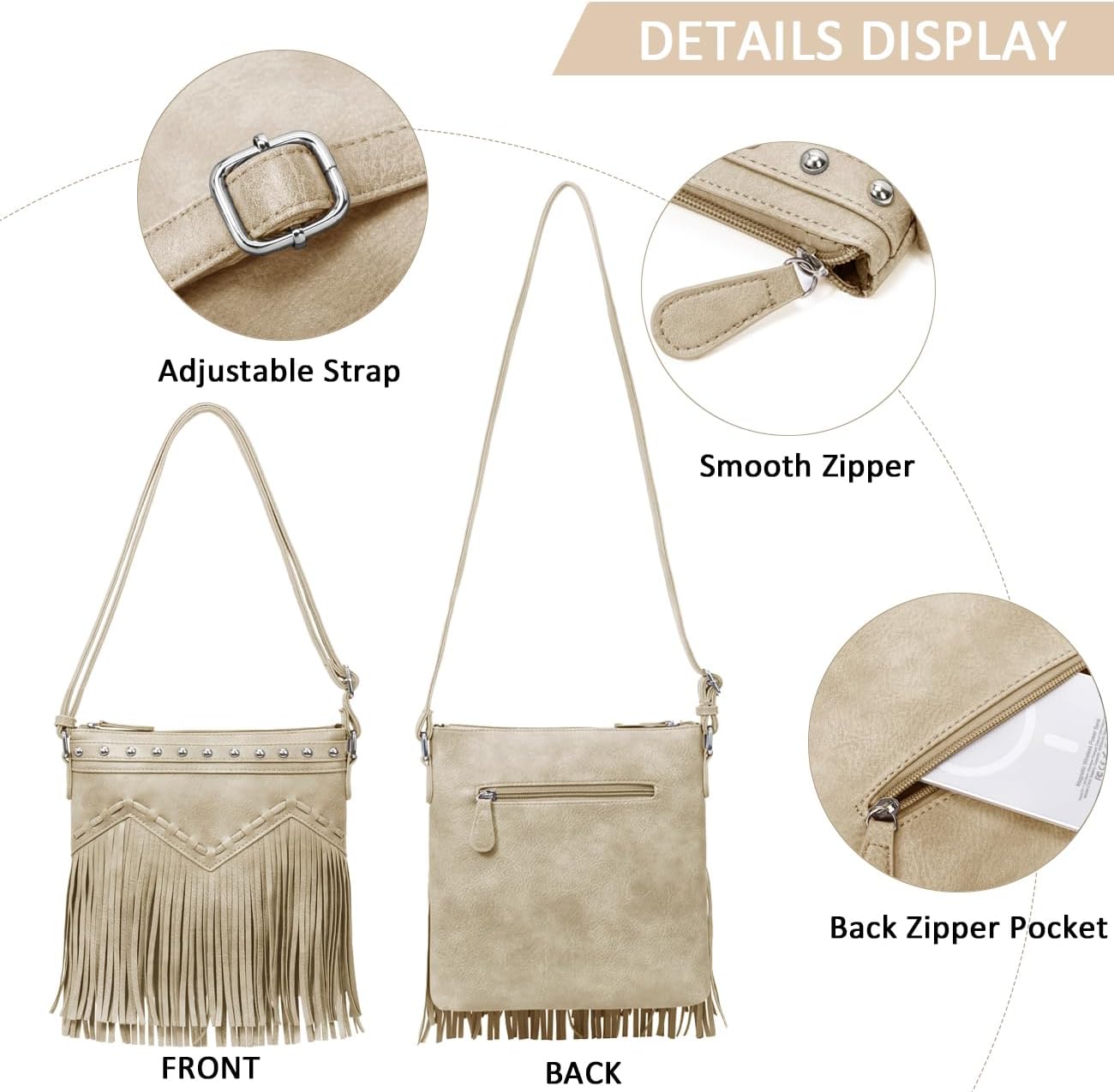 Sunwel Fashion Fringe Crossbody Bag with Rivets Western Purse Vegan Leather Tassel Shoulder Crossbody Bag for Women - Image 6
