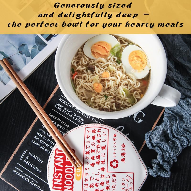 Miniatura 5 de Tazón de cerámica para sopa grande con asas, tapa y taza de fideos instantáneos profundos, apto para microondas (rojo)