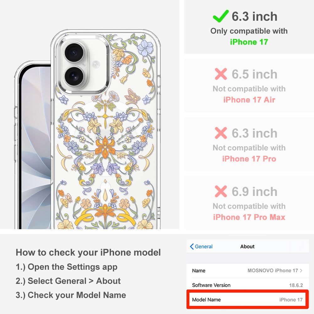 MOSNOVO for iPhone 17 Case, Compatible with Magsafe, Shockproof Military-Grade Protection, Camera Control, Magnetic Clear Phone Case for iPhone 17, Garden of Butterfly Design image 2