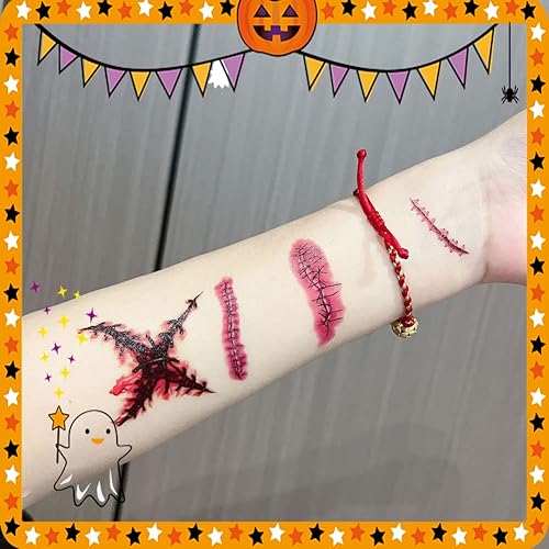 Miniatura 6 de 30 hojas de calcomanías de tatuaje de Halloween, tatuajes de cicatrices impermeables, tatuajes temporales falsos realistas, calcomanías para heridas
