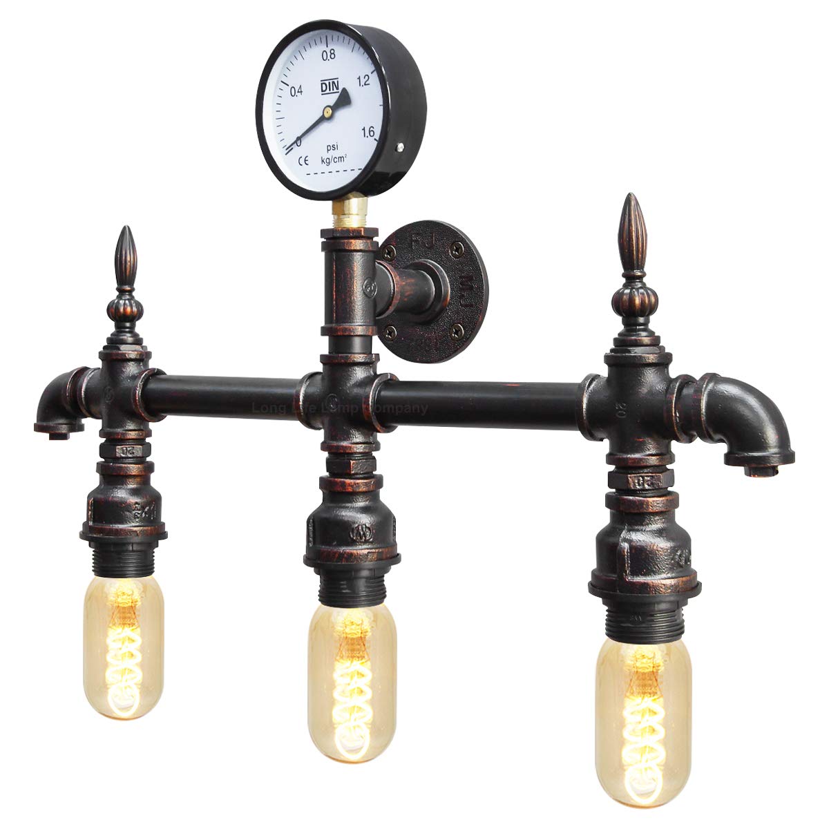 Long Life Lamp Company Copper Rustic Rustic Industrial Water Pipe Wall Light Vintage Steampunk Metal 3 Lamp Scone With Gauge M0192p
