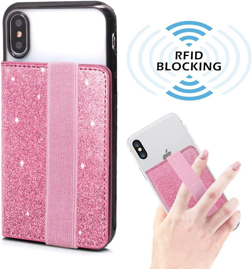 CASZONE Credit Card Holder Phone Wallet,Flip Wallet Stick on Back of Phone with Elastic Hand Strap,Cell Phone Card Holder Glitter Girl fit iPhone Android Case -Pink