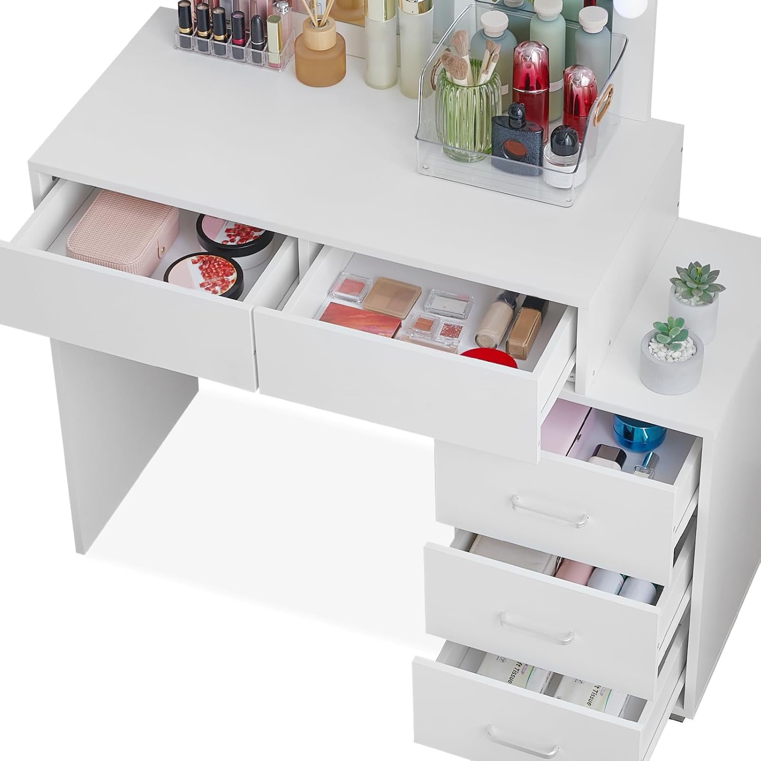 CLIPOP Schminktisch mit Spiegel und Beleuchtung,Verstellbare Helligkeit,Make-up Tisch mit 5 Schubladen und Dehnbarem Nachttisch,Modernes Frisiertisch Kosmetiktisch Hocker Set Schlafzimmermöbel