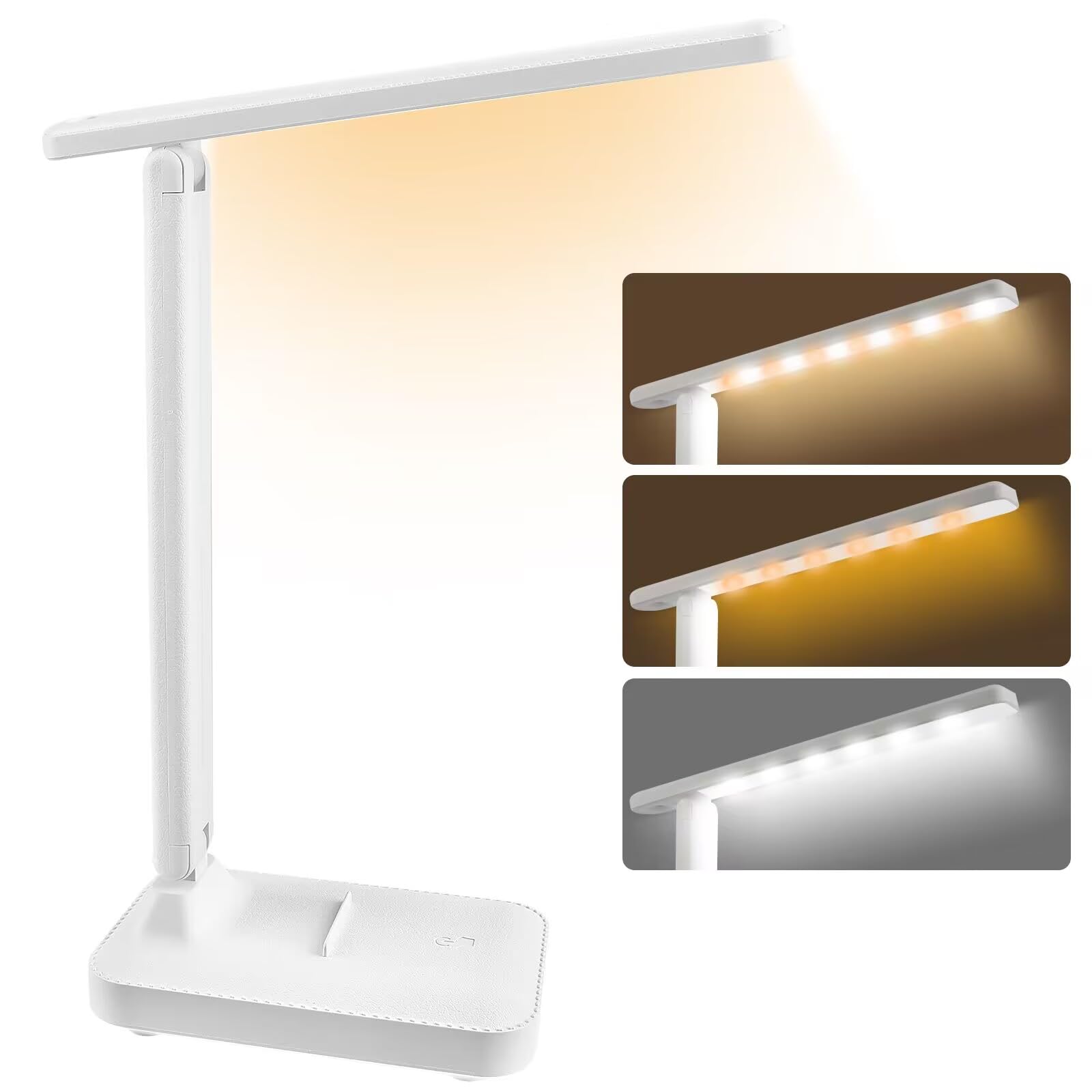 UKOFEW Lámpara Escritorio Led, Flexo Lamparas de Mesita de Noche, Plegable Lampara de Mesa, Ajustable Lamparas sin Cables 3 Modos y Atenuación Anómala para Cama,Oficina,Leer,Estudiar,Nocturna(Blanco)