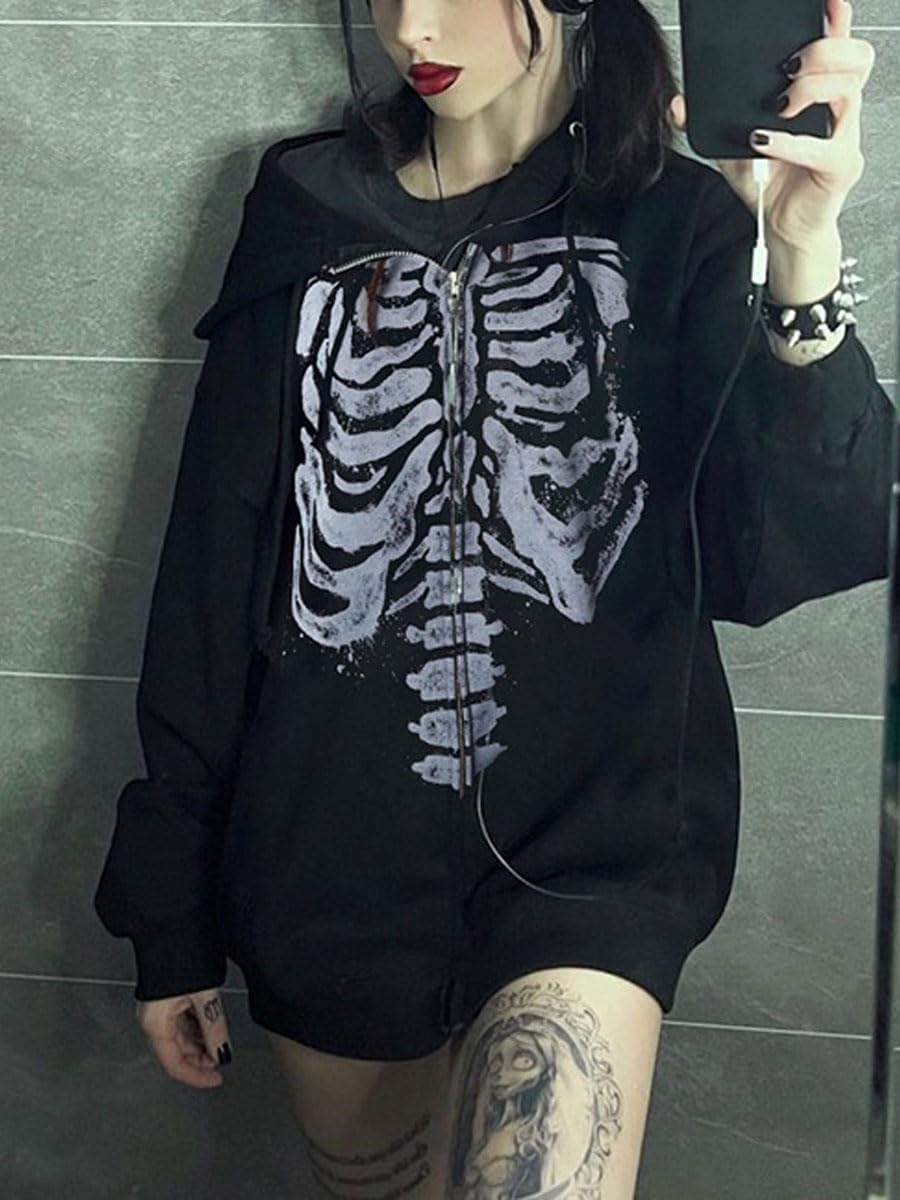 Aopwsrlyi Women's Y2K Zip Up Hoodies Gothic Vintage Graphic Print Sweatshirt Oversized Long Sleeve Casual Jackets Streetwear