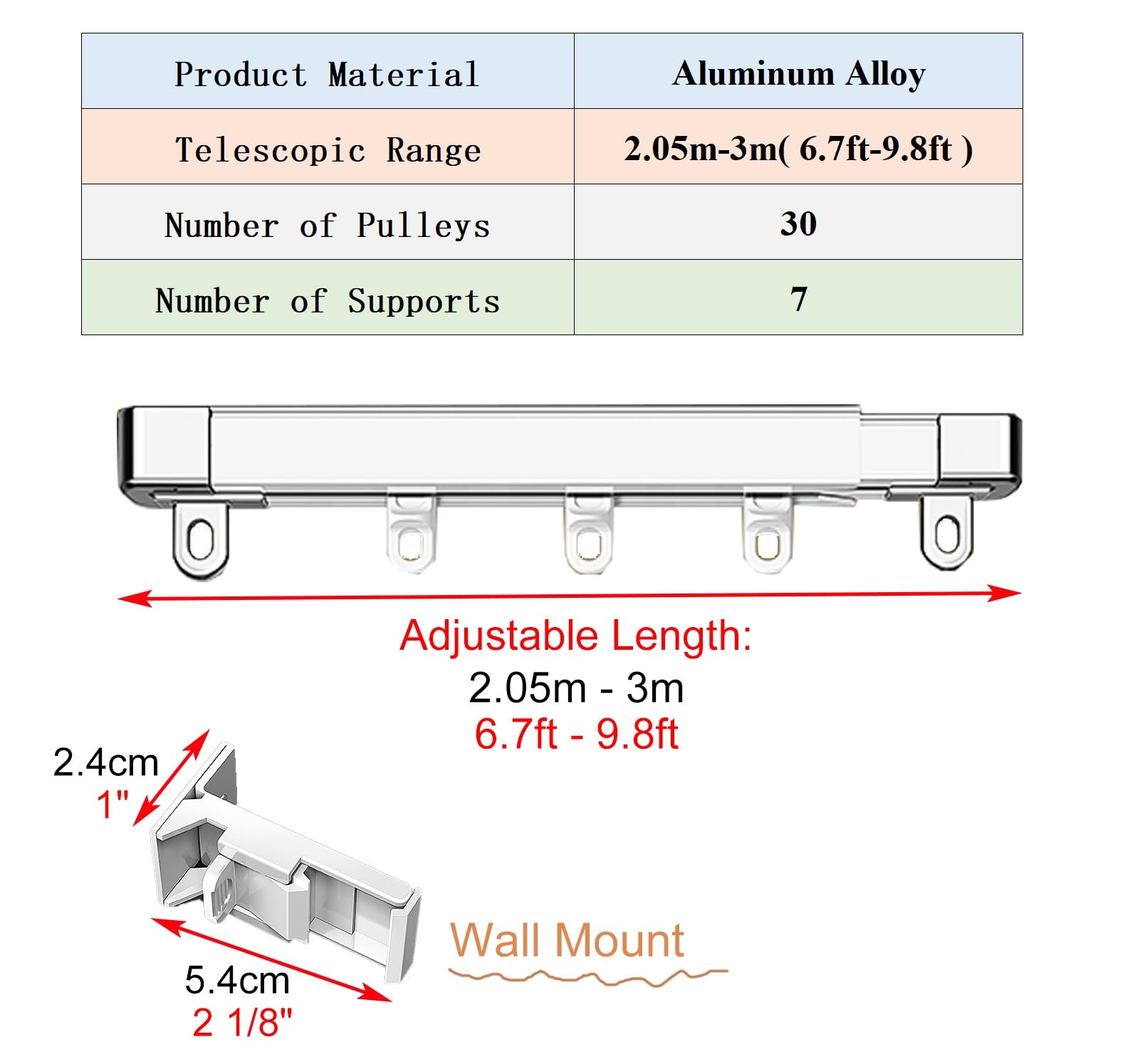 Asta divisoria regolabile in alluminio (0,62-3 m) con ganci, perfetta per casa, ufficio, separazione dello spazio, montaggio a parete/soffitto, design moderno, soluzione versatile e durevole