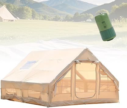 Inflatable Camping Tent House, 4 Season Air Tent with Electric Pump and Stove Jack, Luxury Glamping Tent with Windows & Doors, Large Family Camping Shelter