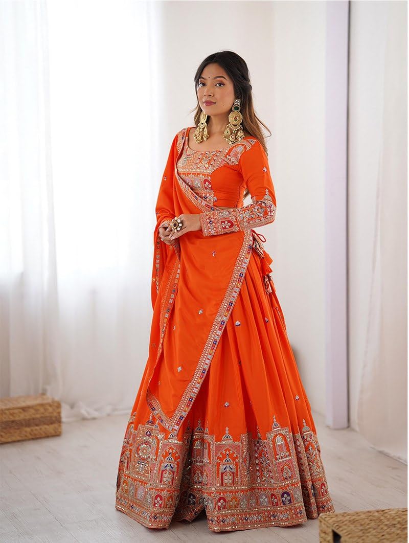 Women's Bright Orange Designer Lehenga Choli with Dupatta, Malai Satin Embroidered Sequence Work Semi Stitched Wedding Lehenga for Women, Festive Party Wear Ghagra Choli Set-image-2