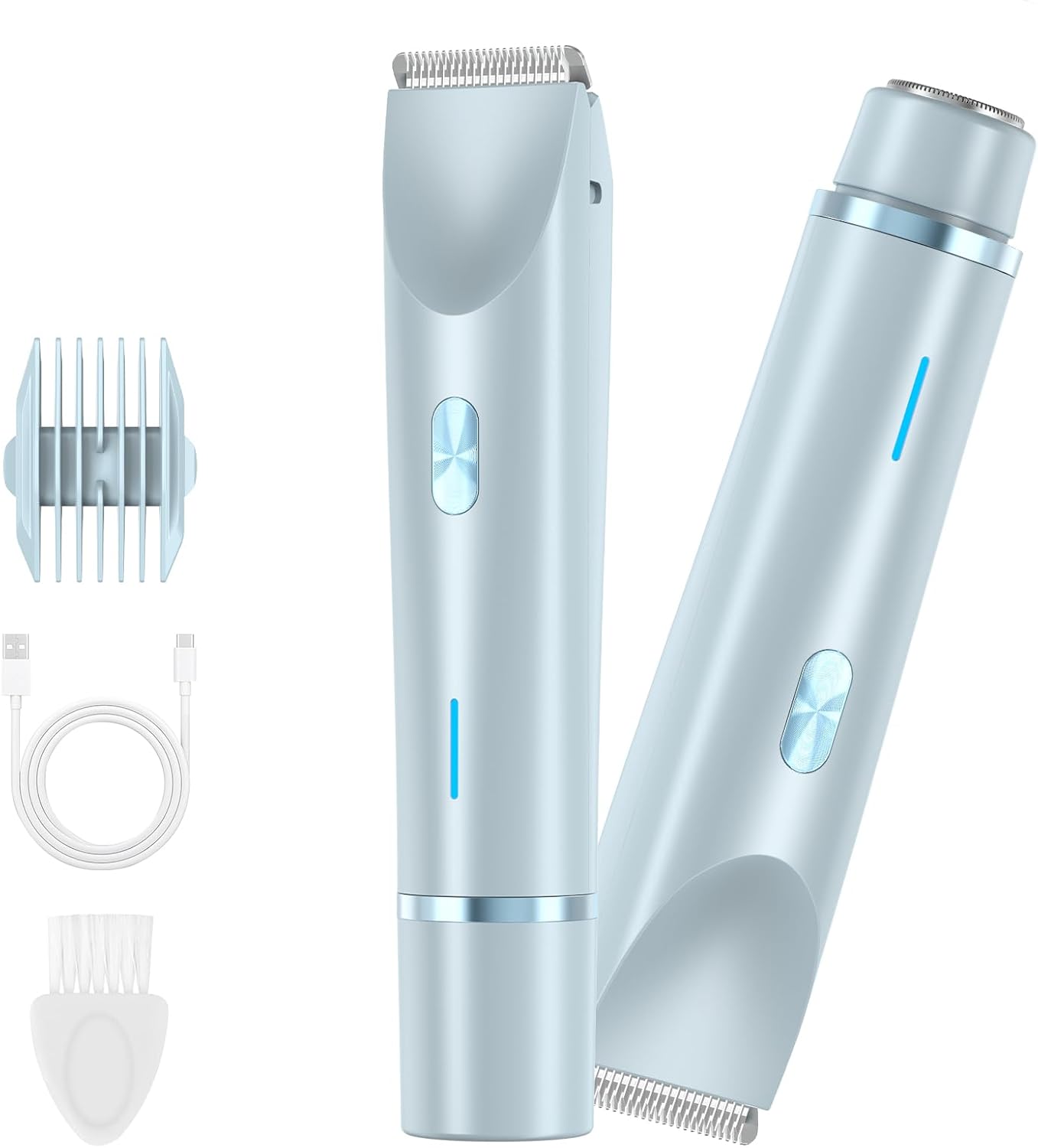 Women's Dual Head Electric Shaver - IPX7 Waterproof, Type-C Rechargeable, Cordless Hair Removal for Body & Bikini Line with 2 Attachments（Pink） (Light Blue)