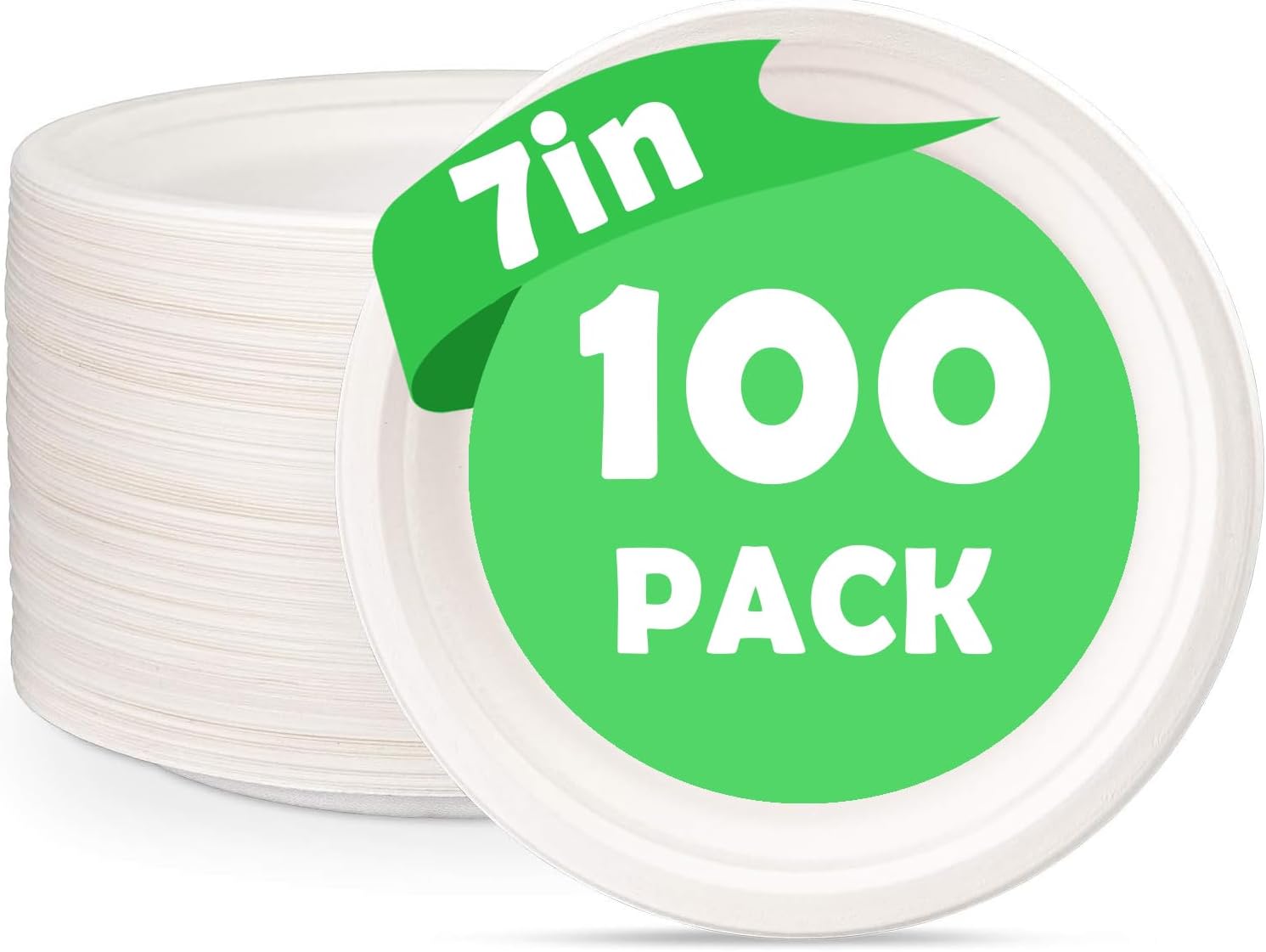 100% Compostable Paper Plates, Heavy Duty Disposable Plates [100-Pack] 7 Inch Plates - Eco-Friendly, Biodegradable Sugarcane Bagasse, Natural Unbleached White 7" Dinner Paper Plate Disposable