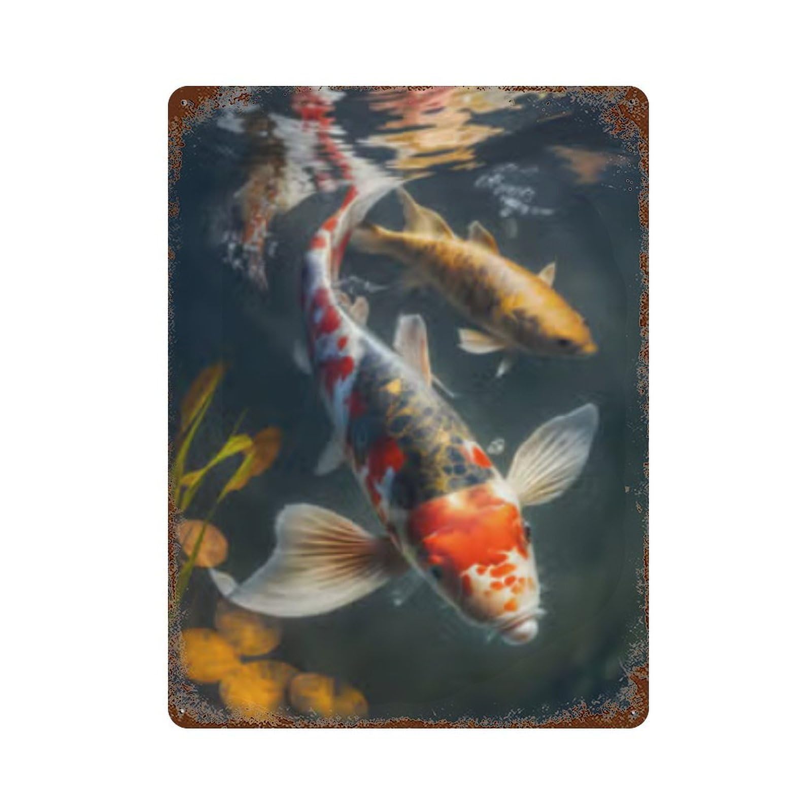 Koi Fish Pond Decor Print Rust Effect Tin Sign 15.7"x11.8", Vintage Wall Decor for Garage, Pub Or Kitchen