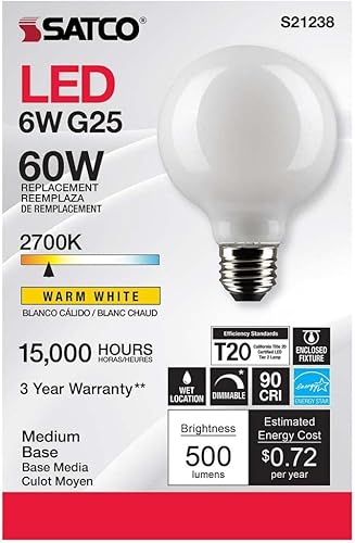 Miniatura 4 de Satco 6Pk 6w G25 Globo Filamento LED 2700K E26 Base Blanco Regulable - 60W Equiv