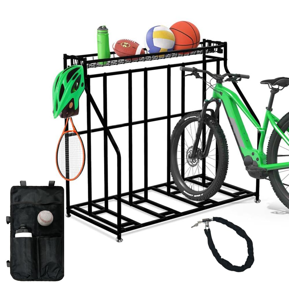 Kapler Bike Rack: 4 Bicycle Storage with Bike Lock & Carry Bag for Garage Backyard, Heavy Duty Multi-functional Parking Stand with Hooks and Shelving Platforms