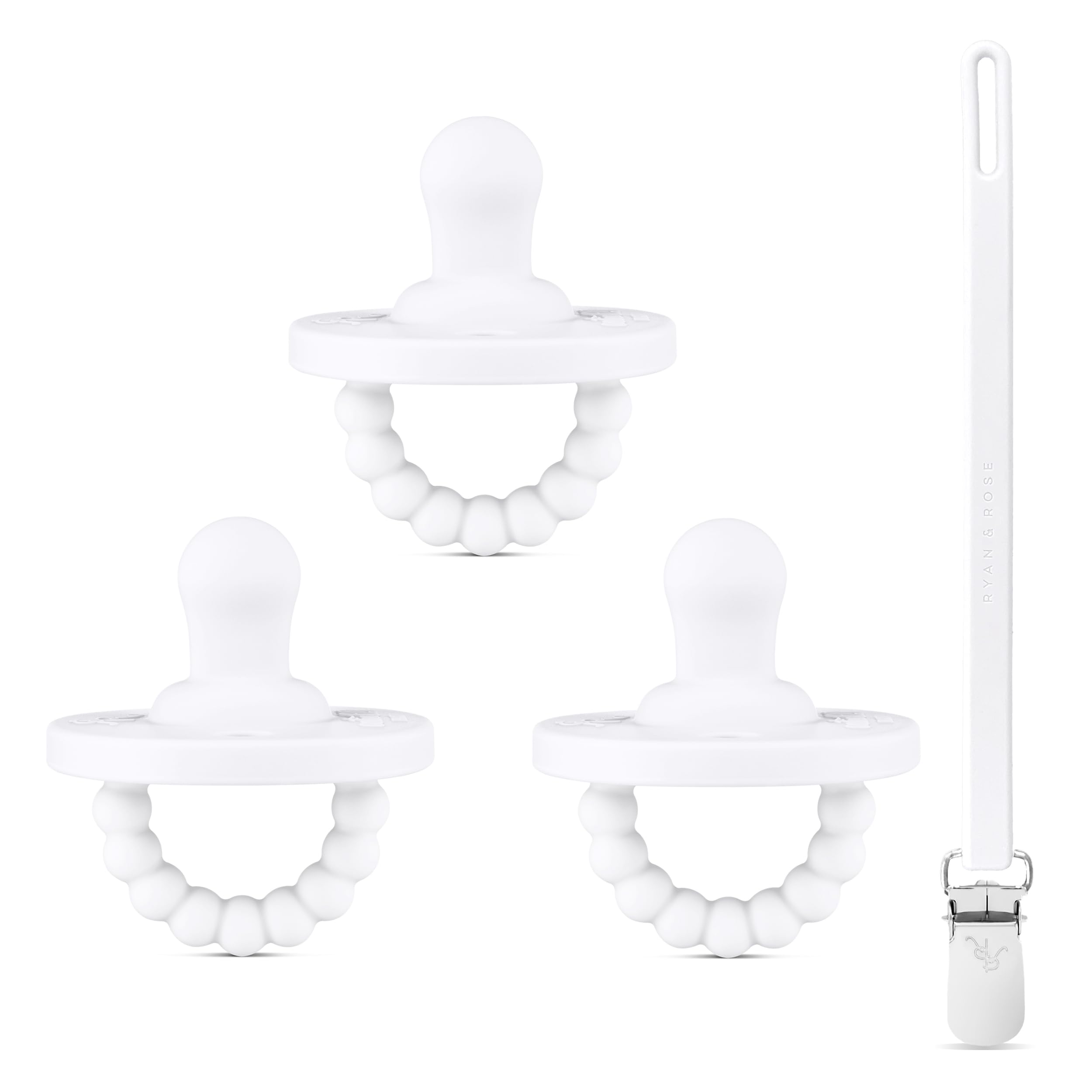Ryan & Rose Cutie PAT Pacifier Teether 3 Pack and Flex Clip (Flat, White)