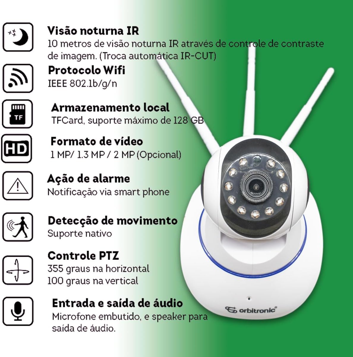 Câmera Segurança 3 Antenas Robo Baba Pet Ip Onvif Wifi Noturna Orbitronic