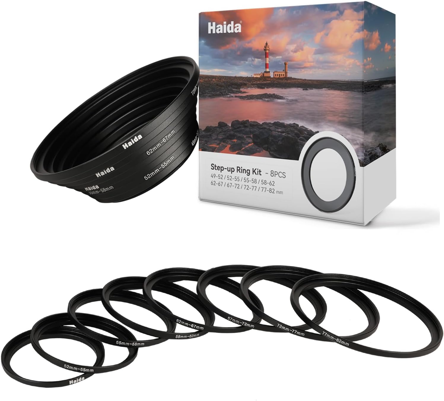 Haida 8pcs Anodized Black Metal Filter Step-up Adapter Ring Kit 49-52mm,52-55mm,55-58mm,58-62mm,62-67mm,67-72mm,72-77mm,77-82mm for Filters Small Lenses Can Use Large Filter