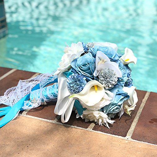 Abbie Home Real Touch Calla Lily Dahlia Bridal Bouquets Crystal Light Blue Ribbon Beach Wedding Rose Flowers Décor (B Round Bouquet) #TOP1