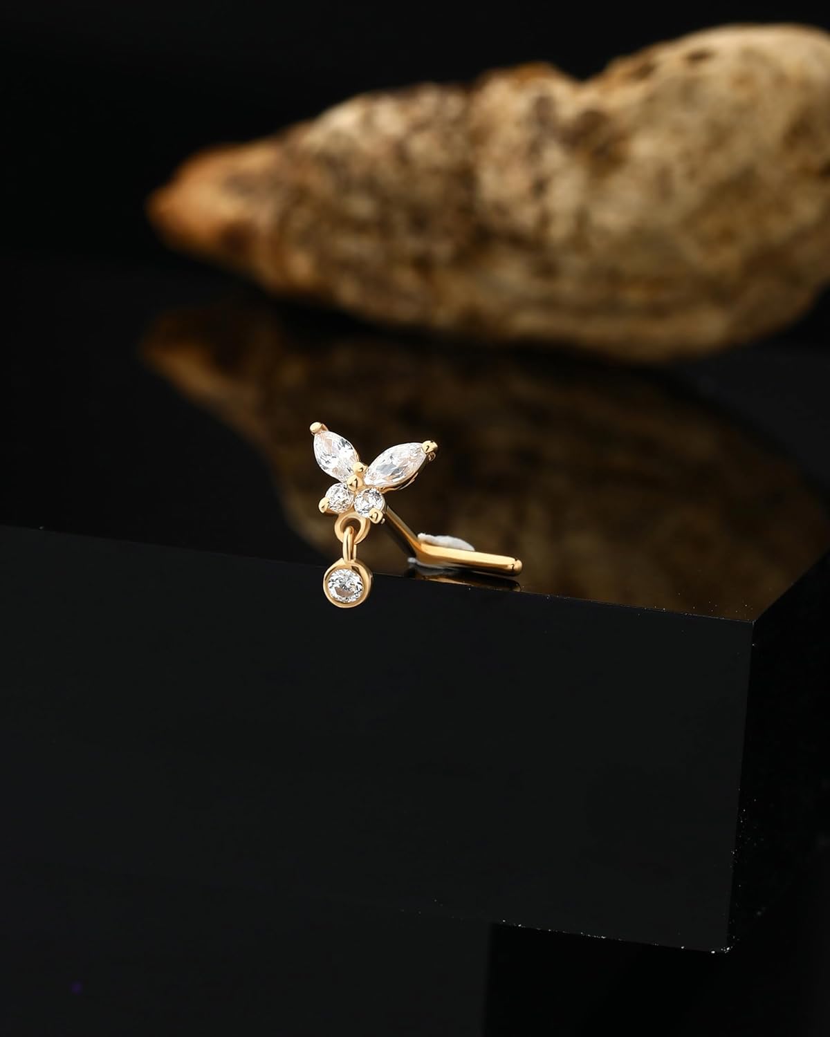 Jewseen 14K Gold Nose Rings 20g L Shaped Nose Stud Dangle Nose Piercing Jewelry Butterfly Nostril Ring for Women