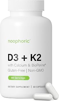 Noophoric Vitamin D3 K2 5000 IU, D3 with K2 MK7, Vitamin D3 K2 Capsules with Calcium and BioPerine, Non GMO Gluten Free Soy Free, 60 Capsules