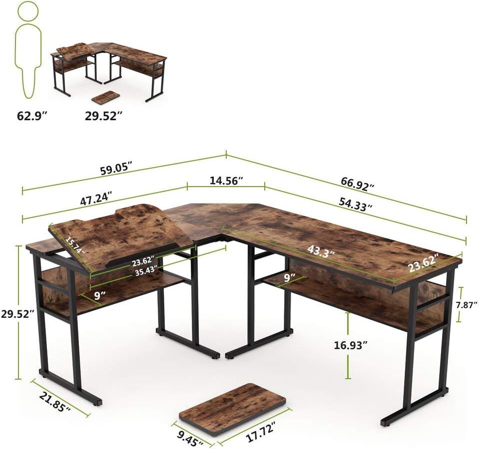 Detailed dimensions of the L-shaped desk, showing length, width, and height measurements