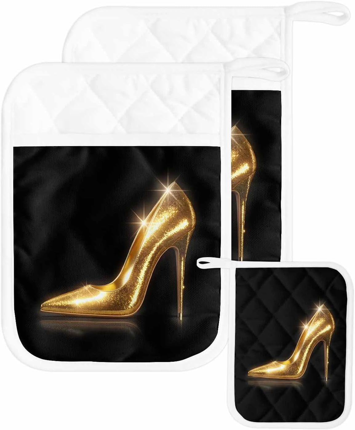 5 Pack Pot Holder with Pocket, Golden Glowing High Heels Kitchen Potholders Heat Proof Non Slip Pot Holders Sets, Women Black Back Hot Pads Potholder for Cooking Baking BBQ