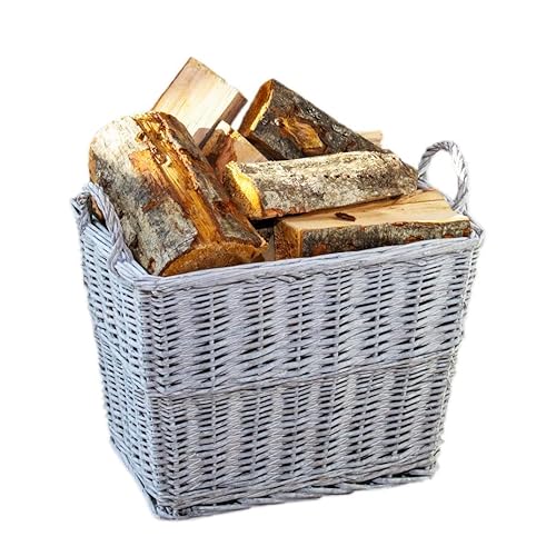 Grey Wicker Log Basket Rectangular Wood Fireplace Throws Linen Toy Home Storage