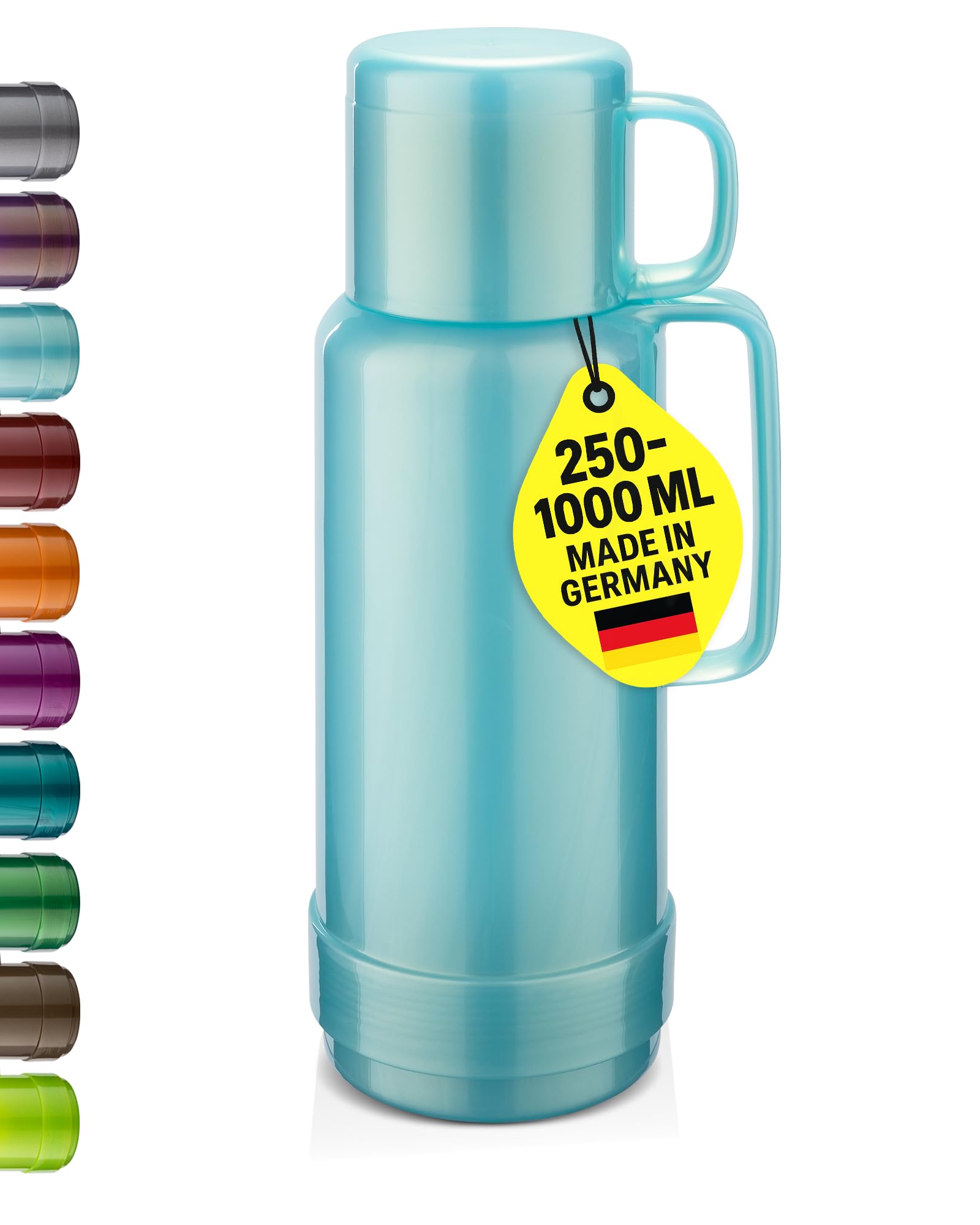 ROTPUNKT Isolierflasche 1 Liter mit integriertem Becher - Hochwertige Isolierkanne Made in Germany I Bis zu 24 h heiß & 36 h kalt (Andreas 80, Shiny Aquamarin)