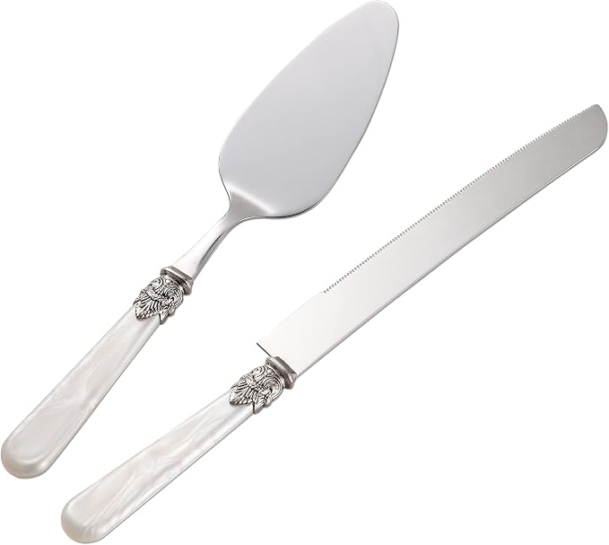 Wedding Cake Knife and Serve Set, Fancy Hand Craft Italian Style Design, Pearl Pie Knife Server Set, Vintage Silverware,Cake Cutter Set, Cake Knife Gift Set, 2 pcs (White)