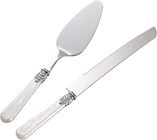 Wedding Cake Knife and Serve Set, Fancy Hand Craft Italian Style Design, Pearl Pie Knife Server Set, Vintage Silverware,Cake Cutter Set, Cake Knife Gift Set, 2 pcs (White)