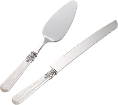 CATHYLIN Wedding Cake Knife and Serve Set, Fancy Hand Craft Italian Style Design, White Pearl Pie Knife Server Set, Vintage Silverware,Cake Cutter Set, Cake Knife Gift Set, 2 pcs