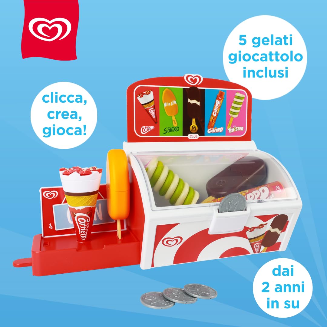 Casdon freezer per gelati giocattolo ufficiali Algida | Set per gioco di fantasia per bambini dai 2 anni in su | Con espositore estraibile, monete giocattolo e 5 gelati Algida ufficiali